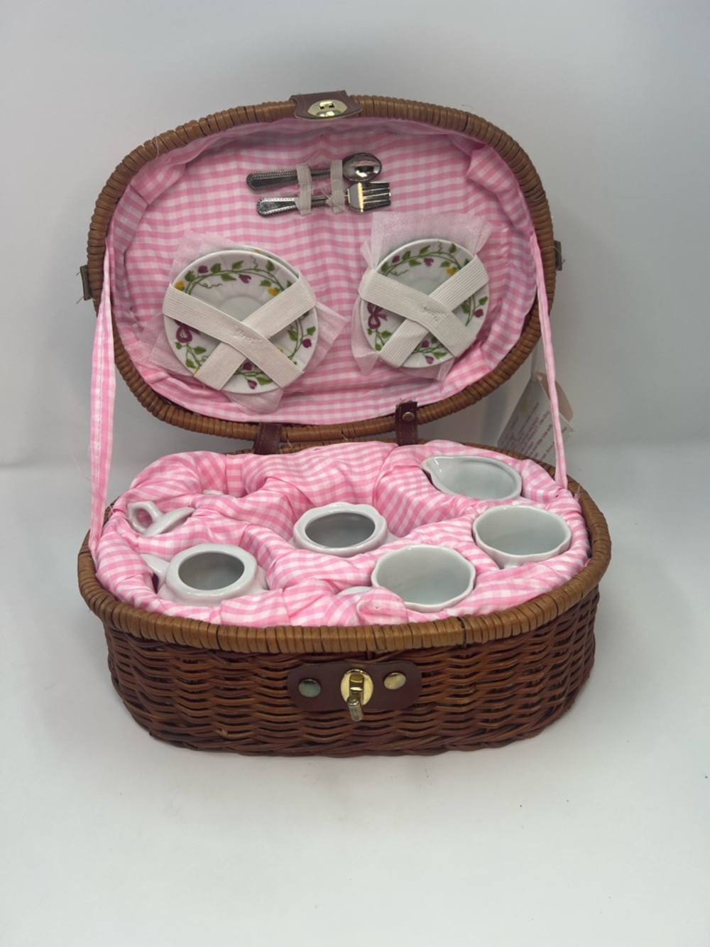 Porcelain Children's Pretend Play Tea Set with Plates Cups Teapot Basket Cats